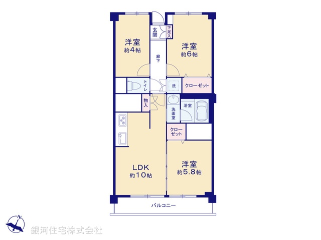 G00378145 神奈川県横浜市港北区下田町１丁目 中古マンション 3390万円 専有面積63.46m² (約19.19坪) 間取り３ＬＤＫ 所在階4階 築年月1969年06月(築56年)【間取図】